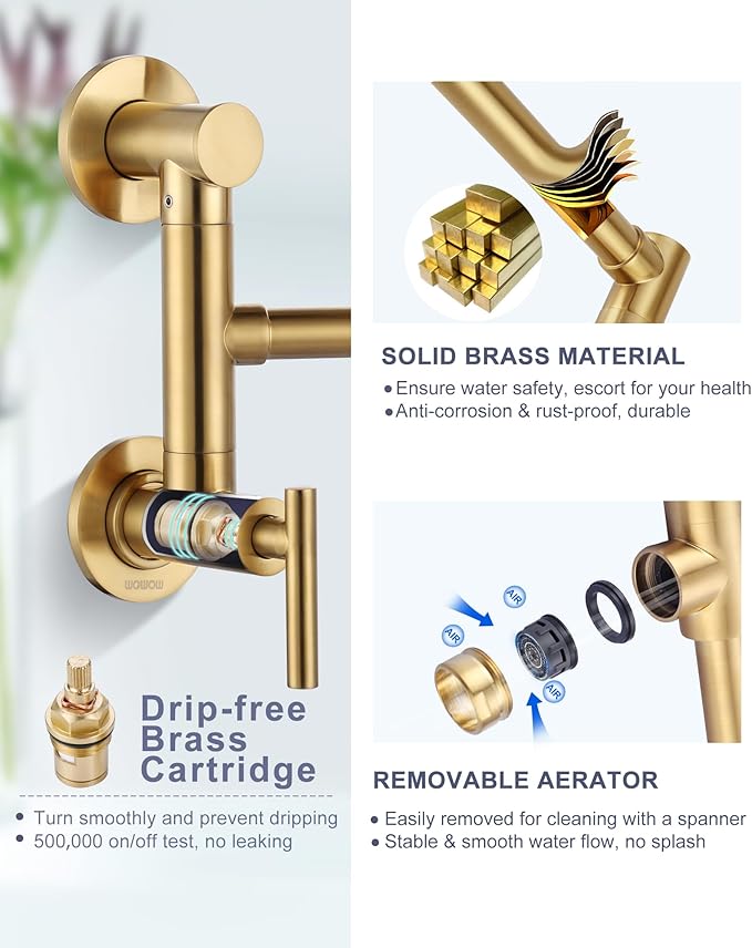 WOWOW Gold Pot Filler Faucet: Single Hole Wall Mount Stove Faucet, Brass Pot Filler Two Attachment with Double Joint Swing Arms