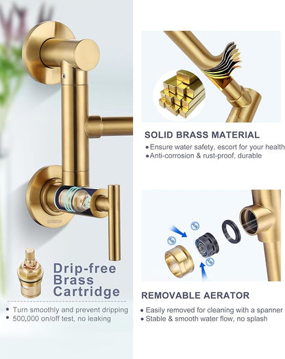 WOWOW Gold Pot Filler Faucet: Single Hole Wall Mount Stove Faucet, Brass Pot Filler Two Attachment with Double Joint Swing Arms
