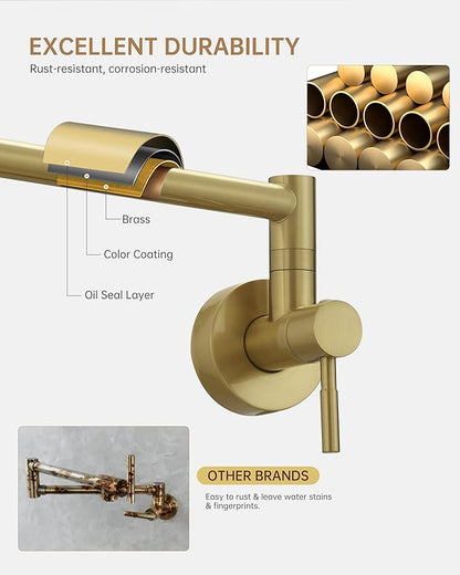Fransiton Brushed Gold Pot Filler, Pot Filler Faucet Wall Mount, Brass Folding Stretchable with Double Joint Swing Arm Single Hole Two Handles Kitchen Restaurant
