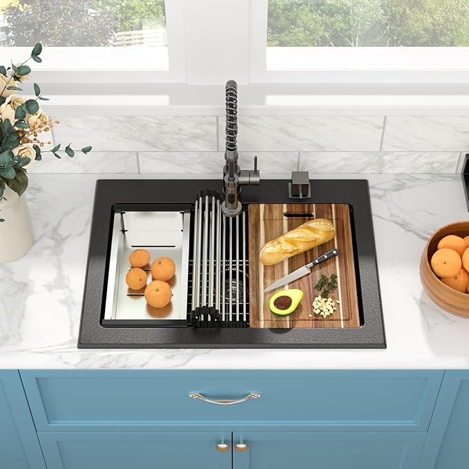 Sarlai Granite Composite Kitchen Sink - 30"x22" Drop In Kitchen Sink Matte Black Ledge 30 Inch Workstation Granite Quartz Composite Top-Mount Single Bowl Sinks Basin with Accessories