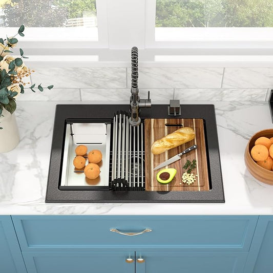 Sarlai Granite Composite Kitchen Sink - 30"x22" Drop In Kitchen Sink Matte Black Ledge 30 Inch Workstation Granite Quartz Composite Top-Mount Single Bowl Sinks Basin with Accessories