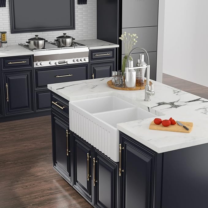 33 White Farmhouse Sink Double Bowl - Kichae 33 Inch Kitchen Sink Reversible Apron Front Fireclay Ceramic Porcelain White Double Basin 50/50 Kitchen Sink with Accessories