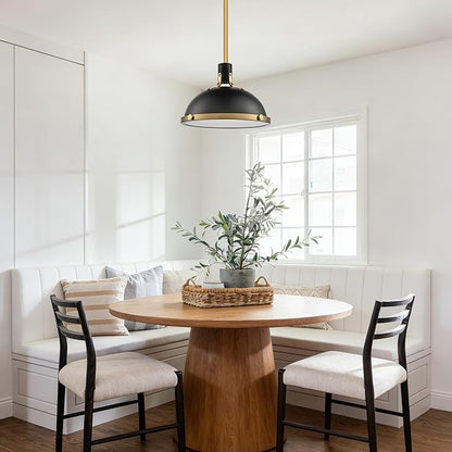 12.7 Inch Black and Gold Modern Pendant Lights, Industrial Dome Kitchen Island Pendant Lighting, 1-Light Small Ceiling Hanging Light Fixture with Opal Glass Diffuser, Over Sink Table Bar Hall