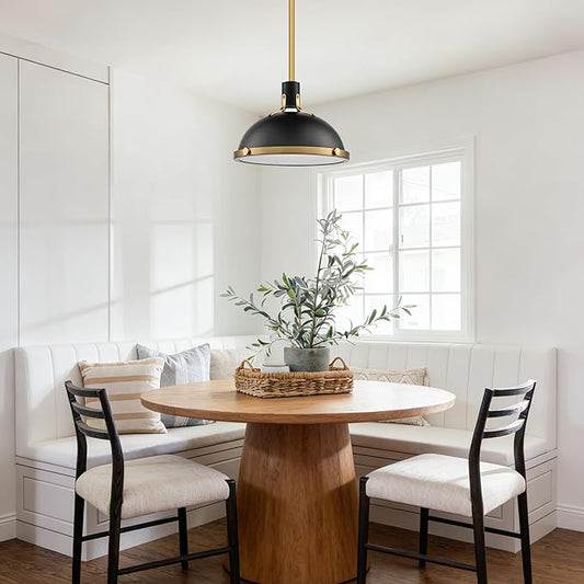 12.7 Inch Black and Gold Modern Pendant Lights, Industrial Dome Kitchen Island Pendant Lighting, 1-Light Small Ceiling Hanging Light Fixture with Opal Glass Diffuser, Over Sink Table Bar Hall