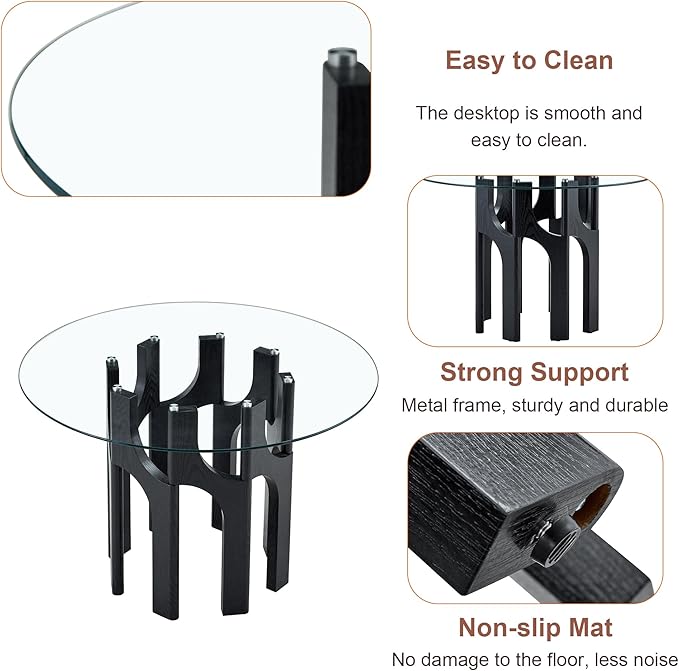 Glass Round Dining Table for 4 6 Person, 46 Inch Glass Kitchen Dining Room Table with Wooden Black Pedestal Base,Modern Circle Clear Glass Top Dinner Table for Small Spaces Home/Apartment
