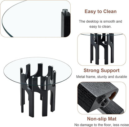 Glass Round Dining Table for 4 6 Person, 46 Inch Glass Kitchen Dining Room Table with Wooden Black Pedestal Base,Modern Circle Clear Glass Top Dinner Table for Small Spaces Home/Apartment