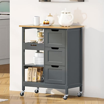 DWVO Solid Wood Top Rolling Kitchen Island Cart, 3 Tier Mobile Kitchen Storage Island Cart with 3 Drawers and 3 Opening Storage Shelves for Kitchen & Dining Area, Gray