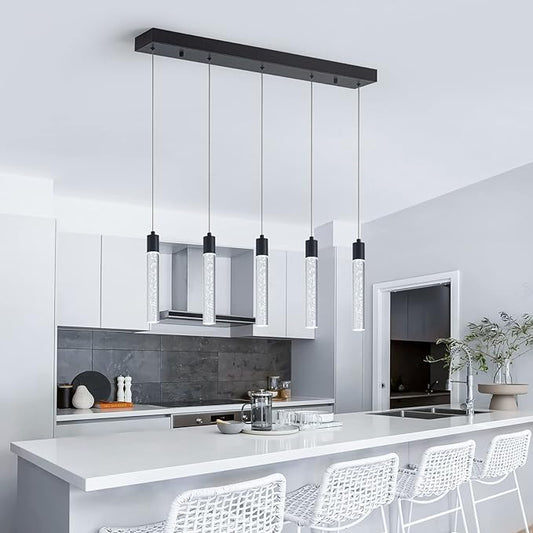 5 Black Pendant Lights Kitchen Island Modern with Adjustable Height - Clear Cylinder Island Lights, 3000-6000K Dimmable Kitchen Pendant Lighting for, Dining Room, Bar Counter