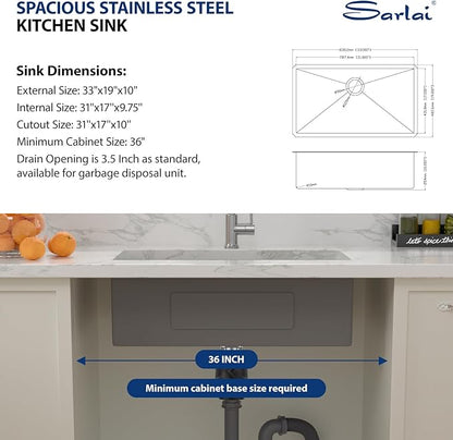 Sarlai 33 Inch Undermount Kitchen Sink - 33 x19 Kitchen Sink Undermount Single Bowl Stainless Steel 16 Gauge Under Counter Sink With Accessories Round Corners