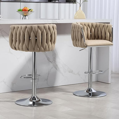 360° Swivel Fabric Bar Stools Set of 2 (Yellow) - Adjustable Counter Height Chairs with Woven Back, Footrest,Silver Chrome Metal Frame - Sturdy 250LBS Capacity for Kitchen Island, Cafe, Pub.