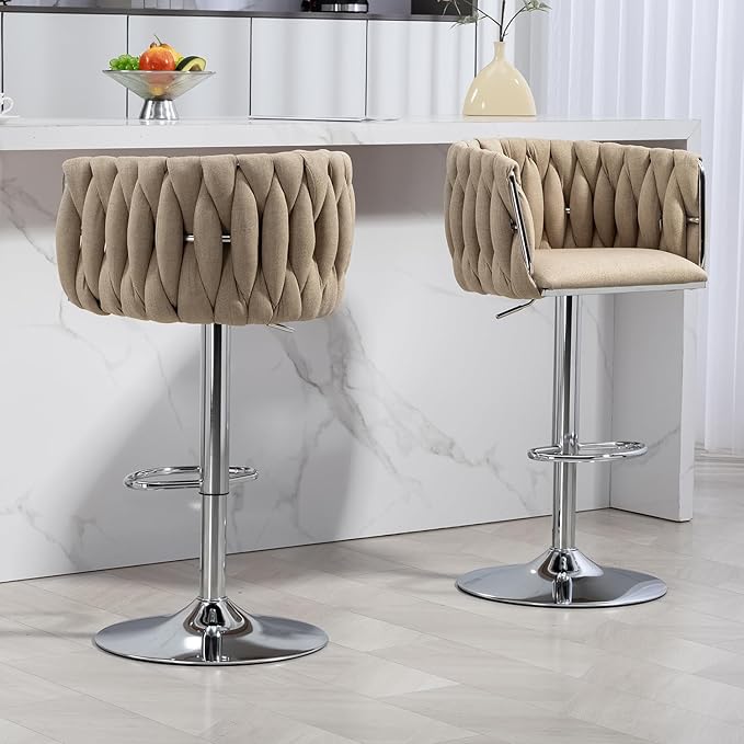 360° Fabric Cover Swivel Bar Stools Set of 2, Adjustable Counter Height Bar Chairs with Woven Back Footrest, Silver Chromed Bar Stools for Kitchen Island, Cafe, Pub (Yellow)