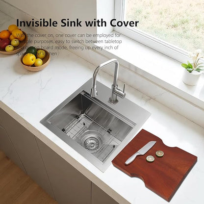 Bar Sink, 15 x 15 Inch Stainless Steel Single Bowl Topmount Small Outdoor RV Handmade Sink with Bottom Rack and Cutting Board