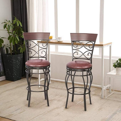 WATERJOY Retro Bar Chairs Set of 2, 360 Degree Swivel Padded Bar Stools Leather Seat Bistro Dining Kitchen Pub Metal Chairs