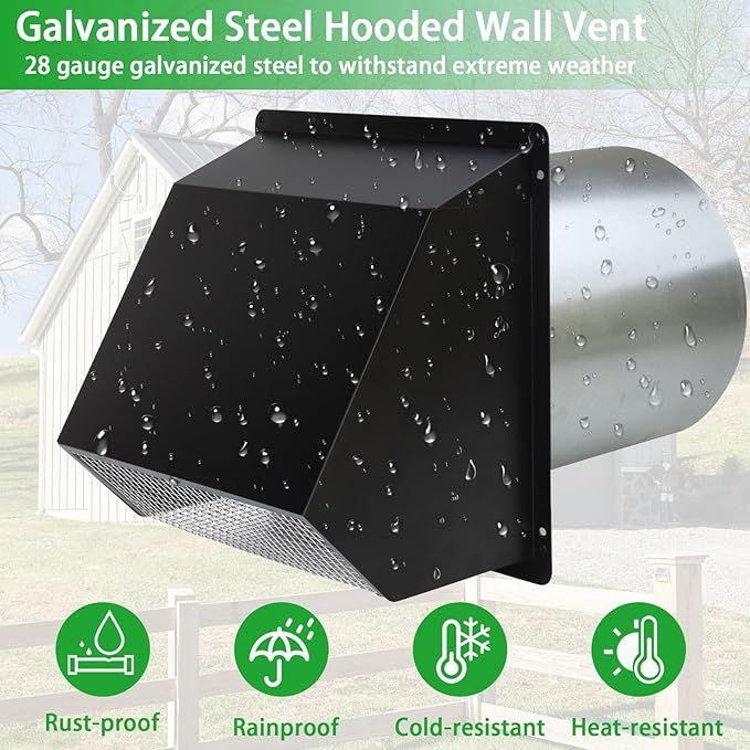 4Inch Dryer Vent Cover Outside,Hooded Wall Vent with Screen and Damper,Exterior Exhaust Vent Cover Cap Outdoor Dryer Vent for 4Inch Pipe,Laundry,Bathroom Exhaust Fan&Air Exhaust,Galvanized Steel,Black