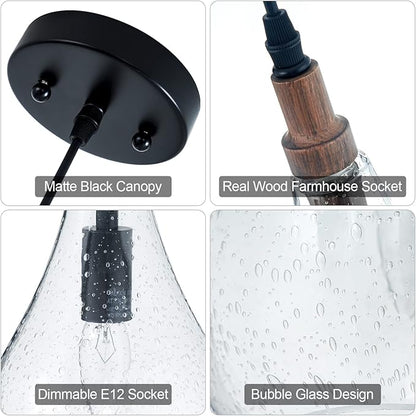 Farmhouse Wood Bubble Seeded Glass Pendant Light Adjustable Industrial Pendant Lighting Fixtures for Kitchen Island Dining Room Bedroom Entryway Sink