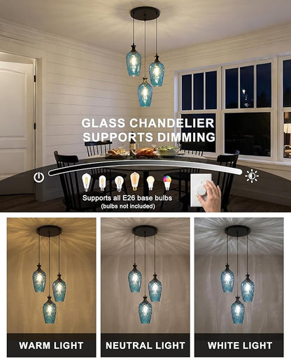 3-Light Pendant Lighting, Black Dining Room Chandelier Light Fixture Over Table with Blue Hammered Glass, Modern Cluster Hanging Lights for Kitchen Island Sink, E26