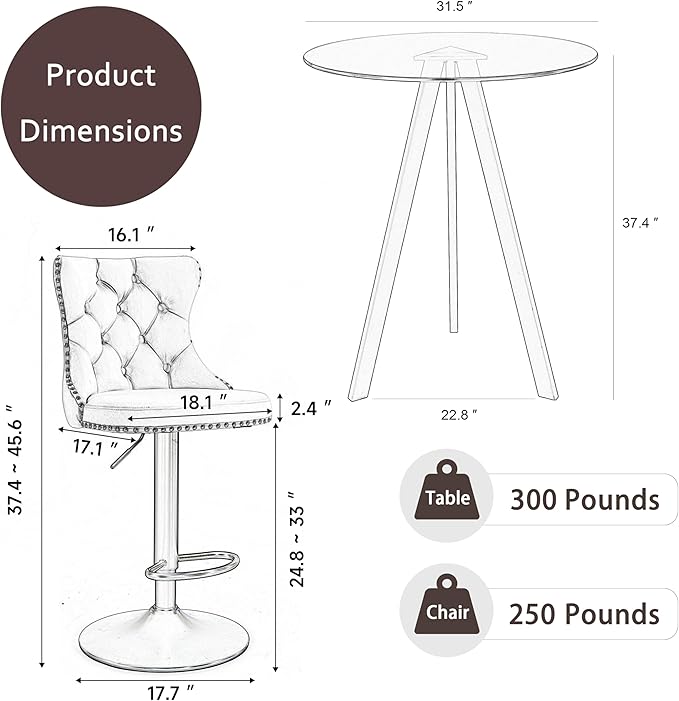 yeag 31.5'' Modern Luxury Glass Bar Table Set for 2, Round Pub Table Cocktail Table and 2 Adjustable Velvet Swivel Barstools Island Chairs for Bistro(Black Metal Legs, Clear Top + Black Chair)