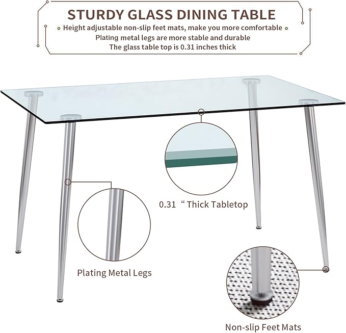 Glass Dining Table for 4 with 51 inch Clear Rectangular Glass Top, 0.31" Modern Tempered Glass Kitchen Table Furniture with 4 Silver Plating Metal Legs for Home Dining Room