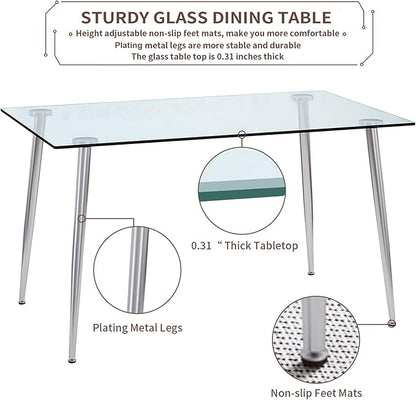 Glass Dining Table for 4 with 51 inch Clear Rectangular Glass Top, 0.31" Modern Tempered Glass Kitchen Table Furniture with 4 Silver Plating Metal Legs for Home Dining Room