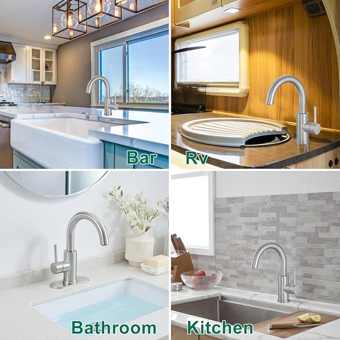 VOTON Bar Sink Faucet, Bathroom Kitchen 360° Rotatable Faucet, Brushed Nickel Single Hole Bathroom Faucets Modern Small Mini Kitchen Bath Utility Vanity Outdoor Lavatory Faucets