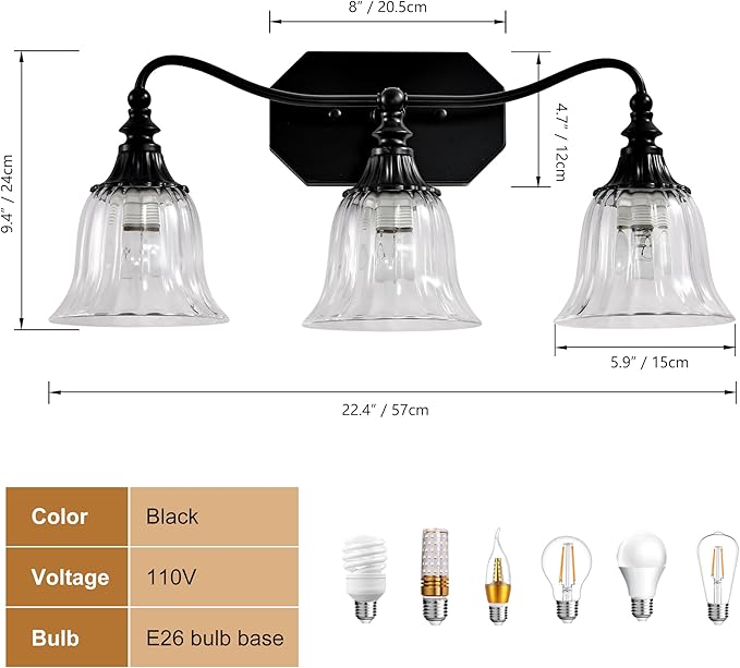 LmnLvn Bathroom Vanity Black Vintage Light Fixture, 3 Lights Bathroom Lighting Matte Antique Brass Finish with Crystal Glass Shade, Black Vintage Vanity Light for Bathrooms