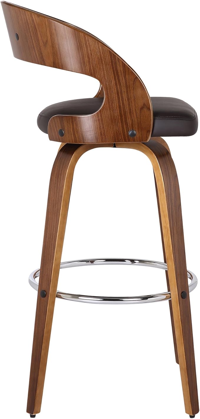 Armen Living Shelly 26" Counter Height Swivel Brown Faux Leather and Walnut Wood Bar Stool - Set of 4