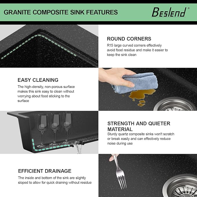 33 Granite Composite Kitchen Sink - Beslend 33x22 Drop In Black Kitchen Sink with High Pressure Glass Rinser, Granite Composite Worksation Black Sinks Easy Clean Quartz Basin for Kitchen Remodel