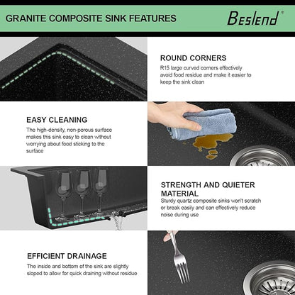 33 Granite Composite Kitchen Sink - Beslend 33x22 Drop In Black Kitchen Sink with High Pressure Glass Rinser, Granite Composite Worksation Black Sinks Easy Clean Quartz Basin for Kitchen Remodel