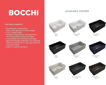 BOCCHI Classico Farmhouse Apron Front Fireclay 30 in. Single Bowl Kitchen Sink with Protective Bottom Grid and Strainer in Matte Black