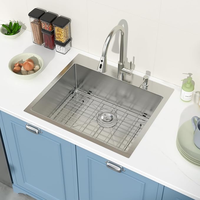 25 Drop In Kitchen Sink With Faucet 25x22 Inch Topmount Sink With Faucet Combo Workstation 16 Gauge Stainless Steel Single Bowl Topmount Basin with All Accessories