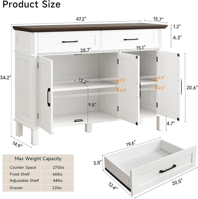48 Inches Buffet Cabinet with Storage, Farmhouse Sideboard Buffet w/2 Drawers and 3 Doors, Wood Coffee Bar Cabinet with Adjustable Shelves, Sideboard Storage for Kitchen, Living Room, Off White