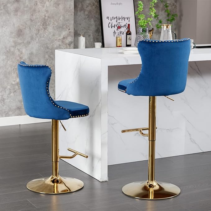 Rhomtree Velvet Swivel Bar Stools Upholstered Bar Stool with Button Tufted Back and Pull Ring Height Adjustable Barstools 25-33 Inch for Home Pub and Kitchen Island (Blue with Gold Base, Set of 2)
