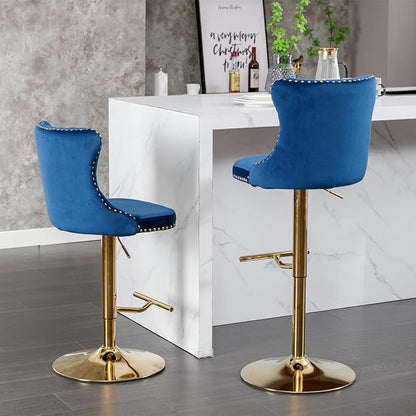 Rhomtree Velvet Swivel Bar Stools Upholstered Bar Stool with Button Tufted Back and Pull Ring Height Adjustable Barstools 25-33 Inch for Home Pub and Kitchen Island (Blue with Gold Base, Set of 4)