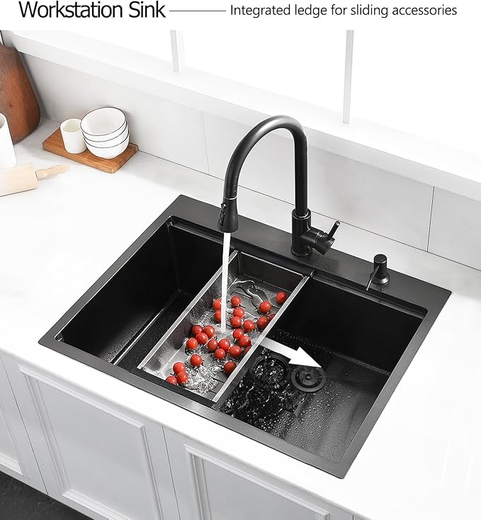 30 Drop in Black Stainless Steel Kitchen Sink, Luckyhorse 30x22 Inches 16 Gauge Nano Black Stainless Steel Single Bowl Topmount Workstation Kitchen Sink LH006SB