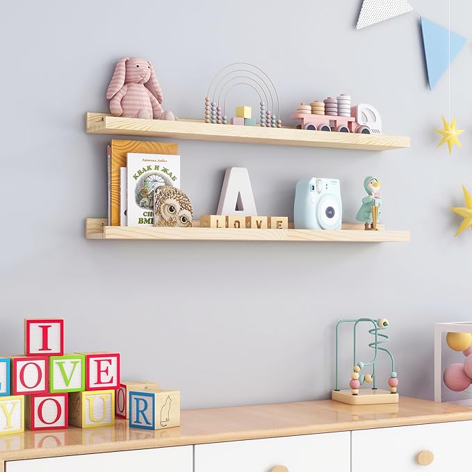 Picture Ledge Shelf for Wall, 36 inch Solid Pine Wood Nursery Book Shelves 2 Packs, Floating Ledge Shelves for Kids' Room Bedroom Bathroom Living Room Photo Frames Office Nursey Wall Decor, Natural