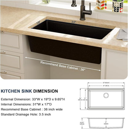 Lordear 33 Inch Black Undermount Kitchen Granite Composite Workstation 33x19 Matte Black Undermount Quartz Sinks Under Counter Single Bowl Sink with Matte Black Accessories