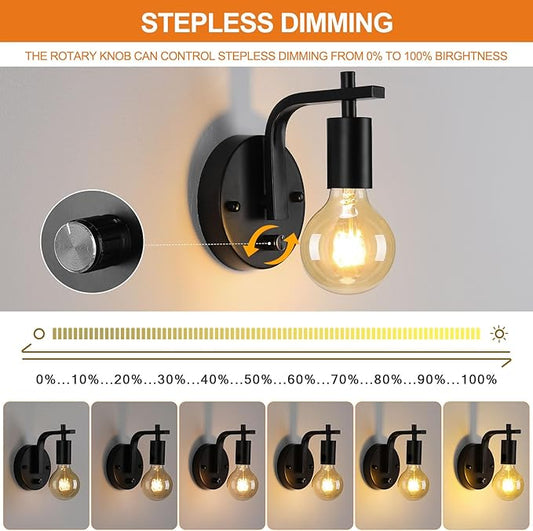 Wall Sconces Set of Two, Wall Light with Switch, Dimmble Black Sconce Lights Indoor, Wall Lights for Bedroom, Bedside Wall Lamps