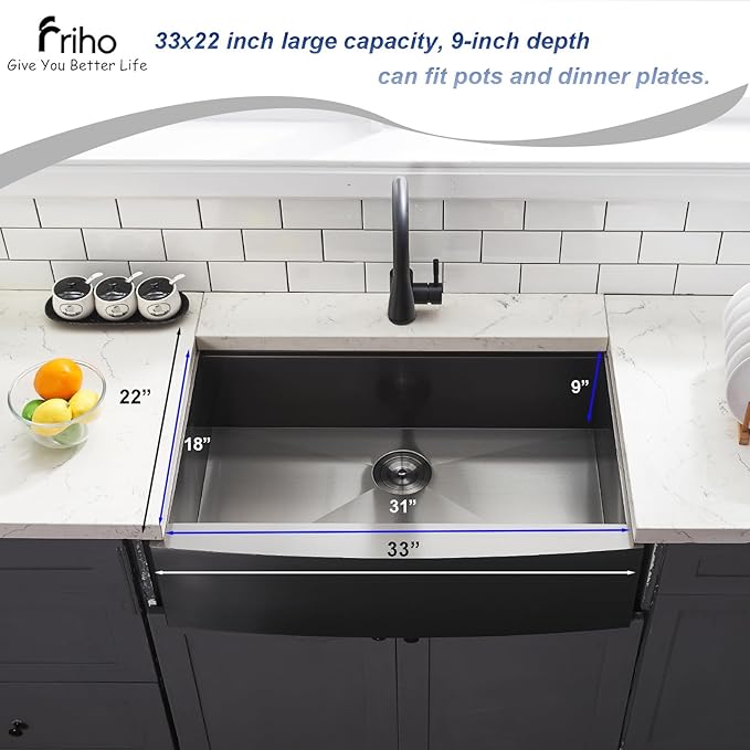 Friho Black Farmhouse Sink, 33 Inch Farmhouse Kitchen Sink Workstation 16 Gauge Stainless Steel 9 Inch Deep Single Bowl Farm Sink with Accessories