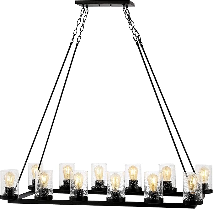 JONATHAN Y 45.5" Oil Rubbed Bronze 12-Light Rustic Farmhouse LED Chandelier, Round Metal Wagon Wheel Pendant Lighting for Dining Room Kitchen with Seeded Glass Shade (JYL7555A)