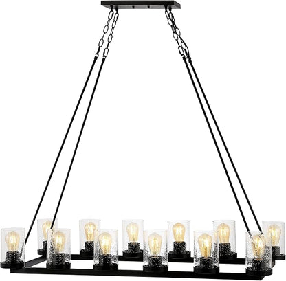 JONATHAN Y 45.5" Oil Rubbed Bronze 12-Light Rustic Farmhouse LED Chandelier, Round Metal Wagon Wheel Pendant Lighting for Dining Room Kitchen with Seeded Glass Shade (JYL7555A)