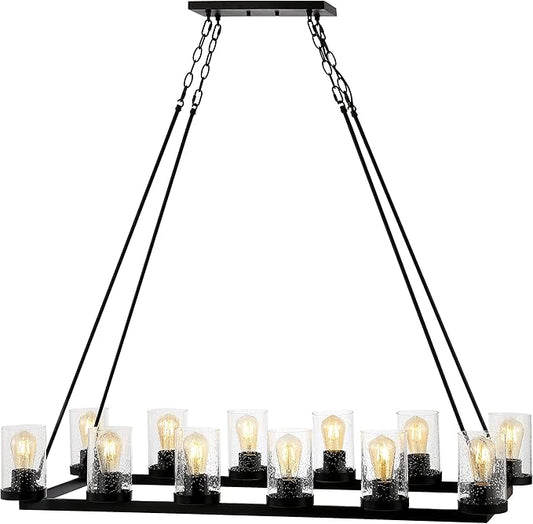 JONATHAN Y 45.5" Oil Rubbed Bronze 12-Light Rustic Farmhouse LED Chandelier, Round Metal Wagon Wheel Pendant Lighting for Dining Room Kitchen with Seeded Glass Shade (JYL7555A)
