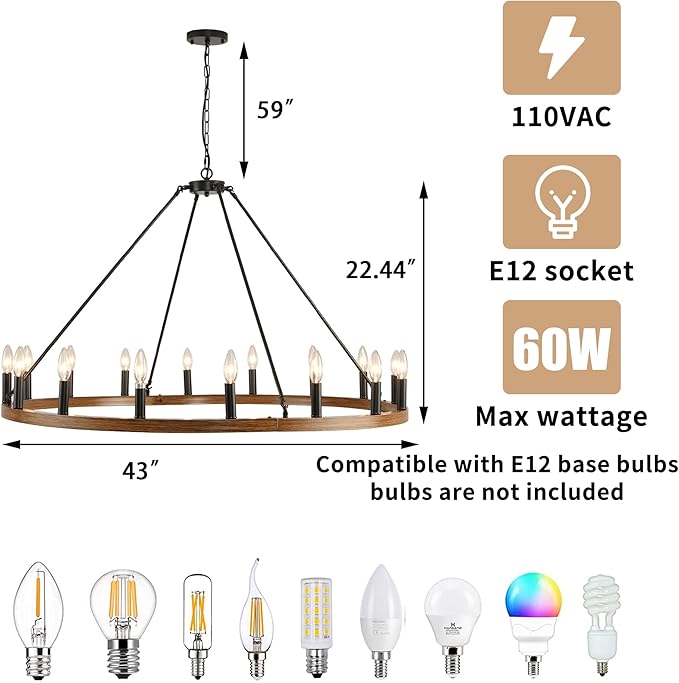 16-Light Wagon Wheel Chandelier Farmhouse, 43 Inch Large Chandeliers for High Ceilings, Modern Rustic Farmhouse Chandelier for Dining Room, Living Room, Entryway, Black&Khaki