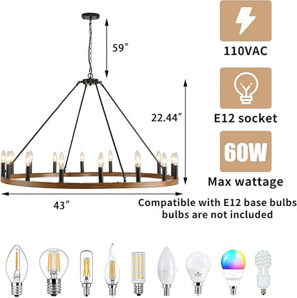 16-Light Wagon Wheel Chandelier Farmhouse, 43 Inch Large Chandeliers for High Ceilings, Modern Rustic Farmhouse Chandelier for Dining Room, Living Room, Entryway, Black&Khaki
