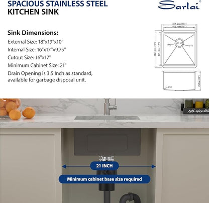 Sarlai 18 Bar Sink Undermount - 18x19 Inch Undermount Workstation Kitchen Sink Bar Prep Single Bowl Kitchen 16 Gauge Stainless Steel Rv Outdoor Sinks