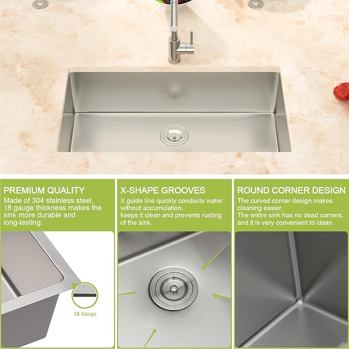 33x19 Undermount Kitchen Sink-33 Inch Stainless Steel Sinks 304 18 Gauge Single Bowl kitchen sinks 9" Deep Basin with Drain Assembly