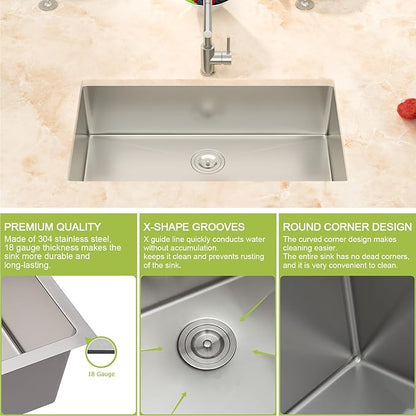 33x19 Undermount Kitchen Sink-33 Inch Stainless Steel Sinks 304 18 Gauge Single Bowl kitchen sinks 9" Deep Basin with Drain Assembly