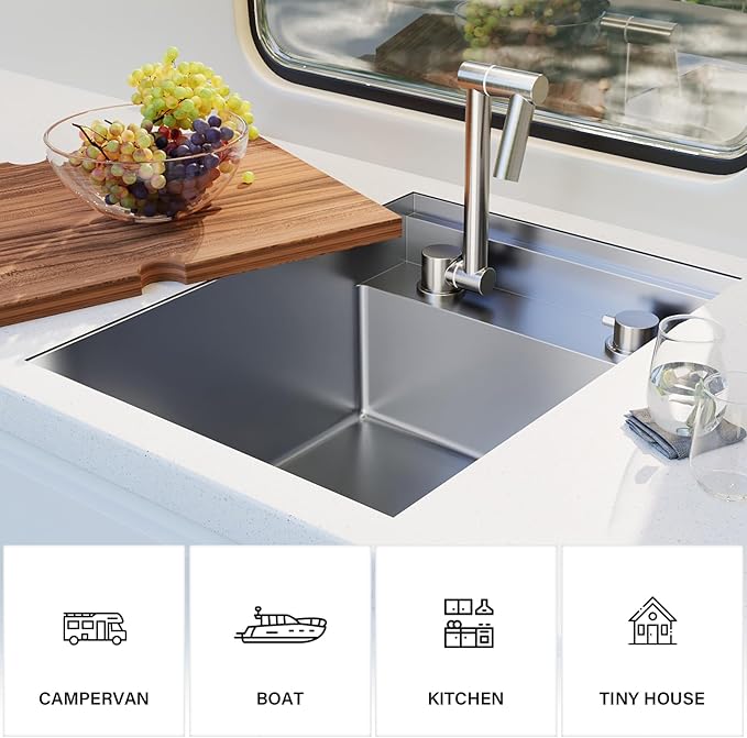 TORVA RV Kitchen Sink, 16 x 21 x 9 Inch Undermount Bar Sink 16 Gauge Stainless Steel Single Bowl Sink with Foldable Faucet Cutting Board, Grey