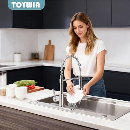 Kitchen Faucets with Pull Down Sprayer, Brushed Nickel Stainless Steel Single Handle Pull Out Spring Sink Faucet, 3 Function Sprayer 1 or 3 Hole Deck Plate for Farmhouse Laundry Rv Bar