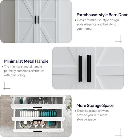 FJTJBSI 72" LED Kitchen Pantry Cabinet with 3 Drawers Farmhouse Tall Storage Cabinet Wood Food Pantry with Barn Doors and Adjustable Shelves Versatile Storage Freestanding Cupboard for Kitchen