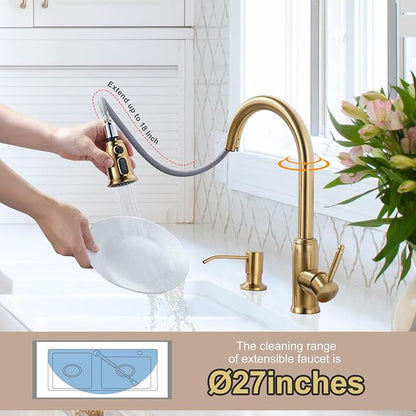 Gold Kitchen Faucet with Soap Dispenser, WOWOW Stainless Steel Kitchen Faucet for Sink 2 or 4 Hole, High Arc Vintage Kitchen Sink Faucet with Pull Down Sprayer